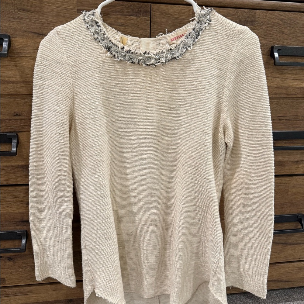 Rebecca Taylor Ivory Knit Blouse with Silver Trim